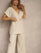 allyson Compleu de costum Bej cu Pantaloni Largi și Sacou cu curea Solsedi