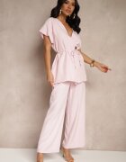 allyson Compleu De costum Roz Pantaloni Largi și Sacou cu Centură Solsedi