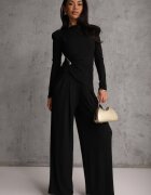 allyson Compleu Elegant Negru Pantaloni Wide Leg și Bluză cu Perne la Umeri Sewinea