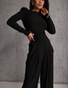 allyson Compleu Elegant Negru Pantaloni Wide Leg și Bluză cu Perne la Umeri Sewinea