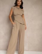 allyson Compleu Maro deschis Pantaloni cu croială largă și Bluză asimetrică cu drapaj Nitara