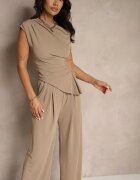 allyson Compleu Maro deschis Pantaloni cu croială largă și Bluză asimetrică cu drapaj Nitara