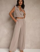 allyson Compleu Maro deschis Pantaloni cu croială largă și Bluză tip plic cu elastic Reavilora