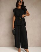 allyson Compleu Negru Decorat cu Pliuri Bluză cu Cordon Legat și Pantaloni Largi Gialle
