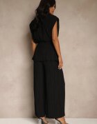 allyson Compleu Negru Decorat cu Pliuri Bluză cu Cordon Legat și Pantaloni Largi Gialle