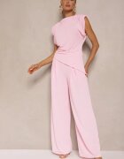 allyson Compleu Roz Bluză cu pernițe în umeri și Pantaloni Drepți cu elastic în talie Divanes