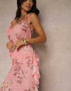 allyson Compleu Roz cu imprimeu floral fustă și top decorat cu volane și legătură Saraveira