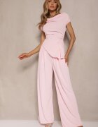 allyson Compleu Roz Pantaloni cu croială largă și Bluză asimetrică cu încrețituri Nitara