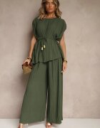 allyson Compleu Verde închis Pantaloni largi și Bluză cu umeri întăriți Nilamira