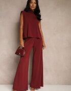 allyson Compleu Vișiniu Pantaloni cu Croială Largă și Bluză Decorată cu Legătură Halomia