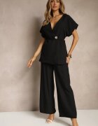 allyson Costum Negru Pantaloni Lărgi și Sacou cu Curea Solsedi