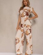 allyson Komplet Beżowy Bluză încrețită cu croi asimetric și Pantaloni Largi florali Linidia