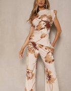allyson Komplet Beżowy Bluză încrețită cu croi asimetric și Pantaloni Largi florali Linidia