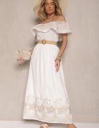 allyson Rochie Albă Boho cu croială spaniolă decorată cu broderie și curea cu cataramă Vallisca