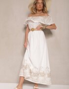 allyson Rochie Albă Boho cu croială spaniolă decorată cu broderie și curea cu cataramă Vallisca