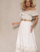 allyson Rochie Albă Boho cu croială spaniolă decorată cu broderie și curea cu cataramă Vallisca