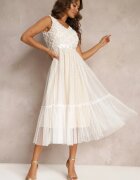 allyson Rochie Albă Cambrată Midi cu Plasă Decorativă Celerise