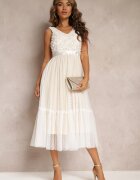 allyson Rochie Albă Cambrată Midi cu Plasă Decorativă Celerise
