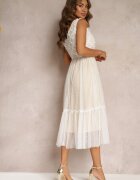 allyson Rochie Albă Cambrată Midi cu Plasă Decorativă Celerise