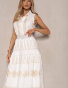 allyson Rochie Albă cu croi tip cămașă cu curea decorată cu broderie Talliera