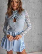 allyson Rochie Albastră Dantelată Tip Balon cu Croi Cloș cu Decupaj Desoriel