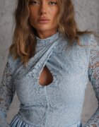 allyson Rochie Albastră Dantelată Tip Balon cu Croi Cloș cu Decupaj Desoriel