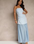 allyson Rochie Albastră de Cocktail cu Decolteu Bandeau Decorată cu Drapaj Folimmea