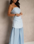 allyson Rochie Albastră de Cocktail cu Decolteu Bandeau Decorată cu Drapaj Folimmea