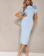 allyson Rochie Albastră Mulată Midi cu o floare sub formă de broșă Olivetta