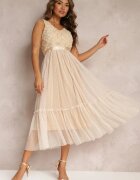 allyson Rochie bej cambrată midi cu plasă decorativă Celerise