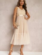 allyson Rochie bej cambrată midi cu plasă decorativă Celerise