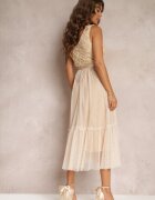 allyson Rochie bej cambrată midi cu plasă decorativă Celerise