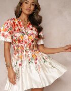 allyson Rochie bej evazată mini cu decolteu petrecut florală Cecille