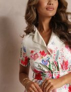 allyson Rochie Bej Evazată Tip Cămașă Cu Flori Cu Curea Iosette