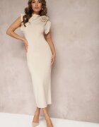 allyson Rochie Bej Mulată Midi cu Floare sub formă de Broșă Olivetta