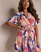 allyson Rochie Bleumarin-Roz cu elastic încrețit în talie și decolteu petrecut Plenn