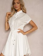 allyson Rochie Cămașă Albă de Bumbac cu Cordon în Talie Decorată cu Zirconii Wesolia