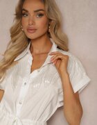 allyson Rochie Cămașă Albă de Bumbac cu Cordon în Talie Decorată cu Zirconii Wesolia