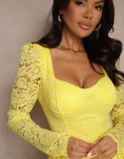 allyson Rochie Cambrată Galbenă din Dantelă cu Fustă Cloș Teladriela