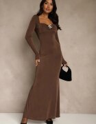 allyson Rochie cambrată maro de cocktail Lonsgleeve cu aplicație elegantă Idirena