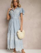 allyson Rochie Cloche Albastră în stil Boho cu curea decorată cu broderie și volane Vallsara