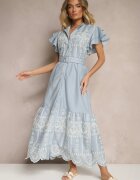 allyson Rochie Cloche Albastră în stil Boho cu curea decorată cu broderie și volane Vallsara