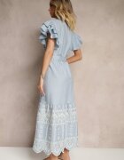 allyson Rochie Cloche Albastră în stil Boho cu curea decorată cu broderie și volane Vallsara
