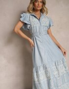 allyson Rochie Cloche Albastră în stil Boho cu curea decorată cu broderie și volane Vallsara