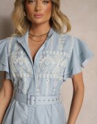 allyson Rochie Cloche Albastră în stil Boho cu curea decorată cu broderie și volane Vallsara