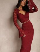 allyson Rochie Dantelată Bordo cu croială mulată și mâneci evazate Seliriel