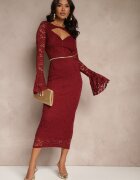 allyson Rochie Dantelată Bordo cu croială mulată și mâneci evazate Seliriel