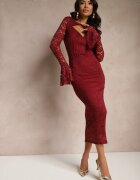 allyson Rochie Dantelată Bordo cu croială mulată și mâneci evazate Seliriel