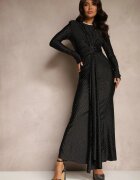 allyson Rochie de cocktail mulată neagră drapată în talie decorată cu zirconii Rissanea