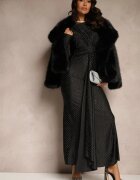 allyson Rochie de cocktail mulată neagră drapată în talie decorată cu zirconii Rissanea